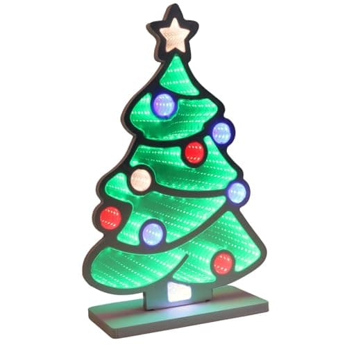 Image of Mr Crimbo LED Infinity Mirror Christmas Tree Decoration 40cm – Light Up Indoor Ornament with Multicolour LEDs, Optical Illusion Effect, Freestanding on White Base, Mains Powered with 5m Cable