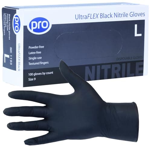 Image of PRO UltraFLEX Black Disposable Gloves - Black Nitrile Gloves Disposable Large - 100x Pack - Powder-Free - Latex Free - Ideal Nail Tech Supplies, Tattoo Supplies - Food Safe