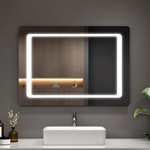 Image of EMKE 50 x 70 cm LED Bathroom Mirror with Shaver Socket, Bathroom Mirror with LED Lights, Anti-fog/Socket Charger/Motion Sensor, Wall Mounted Vanity Mirrors, IP44, Horizontal/Vertical