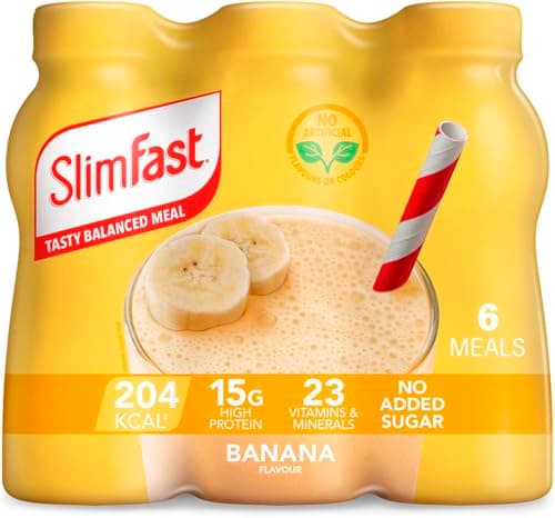 Image of SlimFast Ready To Drink Shake, Tasty, Balanced Shake with Vitamins and Minerals, No Sugar, Banana Flavour, 6 x 325 ml Multipack