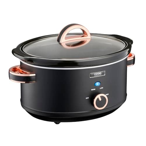 Image of Cooks Professional Slow Cooker 3.5 Litre with Glass Lid, Cool Touch Handles, Dishwasher Safe Bowl, 2 Heat Settings & Keep Warm Function | Small One Pot Cooking Machine | Black & Rose Gold