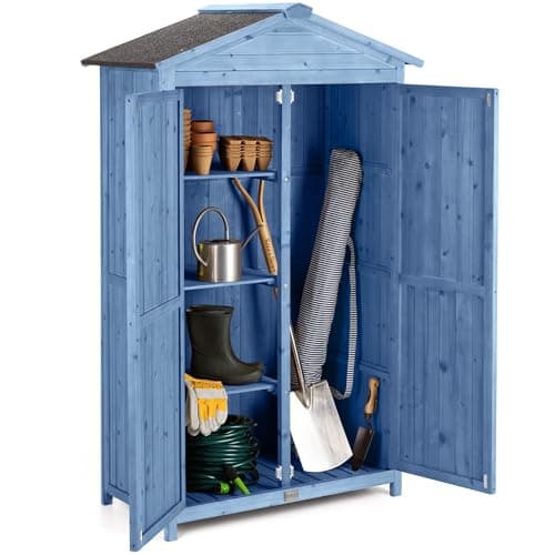 Image of Christow Small Double Door Garden Shed – Blue Painted, Tall Wooden Outdoor Storage, Slim Utility Shed, Three Configurable Shelves, Treated Wood, Lockable Doors, Sloped Roof, H166cm x W100cm x D64cm