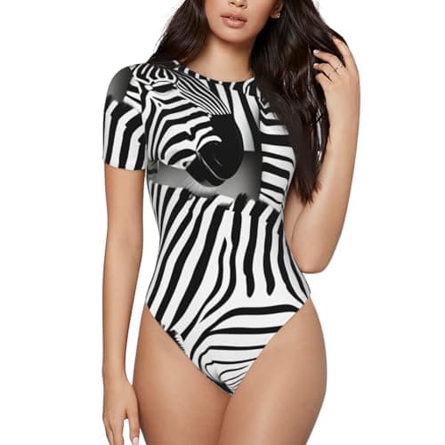 Image of Tamiger Zebra Print Adult Romper Short Sleeve Onesie Bodysuit Casual Female Comfortable Outfit Jumpsuit