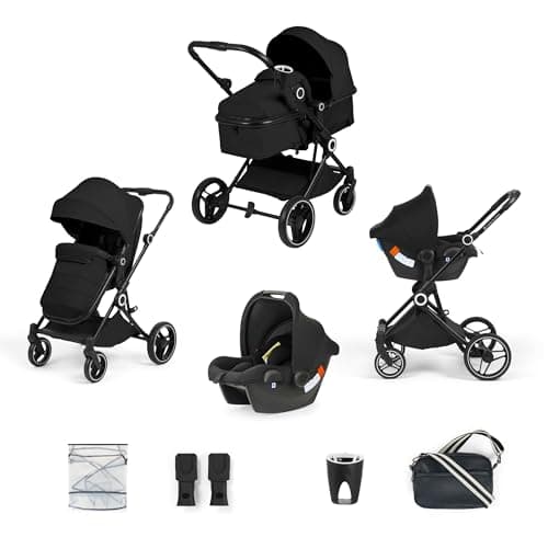 Image of Ickle Bubba Atom 3 in 1 Travel System with Astral Car Seat, Compact Lightweight Pram & Pushchair from Birth to 22kg, Lie-Flat Seat, Rain Cover, Changing Bag & Cup Holder, Black