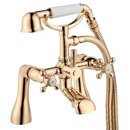 Image of Deva Tudor Pillar Mounted Shower Head Bath Mixer Taps - Traditional Gold Brass Victorian Style - Hot & Cold Water - Cross Head Lever Handle - Bathroom Tub Handset Tap TUD03/501 – 12 Year Warranty
