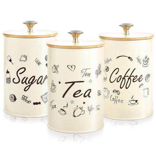 Image of AKOLAFE 3PCS Tea Coffee Sugar Canisters 800ml White Cream Coffee Tea Sugar Canisters Set Iron Labeled Storage Canister with Airtight Lids for Kitchen
