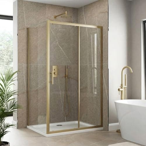 Image of Luxura® 1000 x 700mm Sliding Shower Enclosure Door Screen for Wet Room Cubicle Enclosures, 6mm Toughened Safety Glass, Framed, Reversible, Brushed Brass