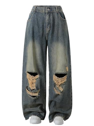 Image of Vaimti Plus Size Women's Wide Leg Distressed Jeans, High Waist Ripped Denim Pants, Elastic Waist, Vintage Wash (UK, Alpha, 5XL, Plus, Regular, Dark Blue)