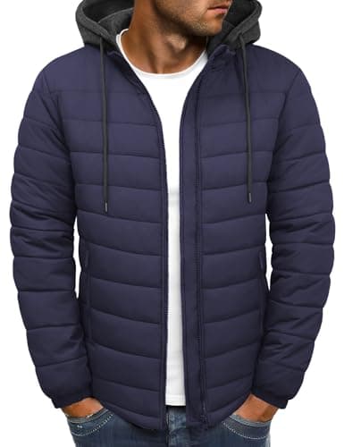 Image of Lonya Mens Puffer Jacket Lightweight Puffy Padded Coat Warm Hooded Autumn Winter Windproof Quilted Jacket for Men Zip Up with Pockets for Hiking Camping Travelling, Navy Blue, XXL