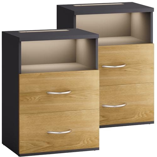 Image of CASARIA® 2x Jamie Bedside Table with Touch LED Lighting | Dimmable Light | MDF 2 Drawers | Suitable for Box Spring Bed | Bedroom Living Room Side Cabinet | 40x28x55cm | Anthracite Oak