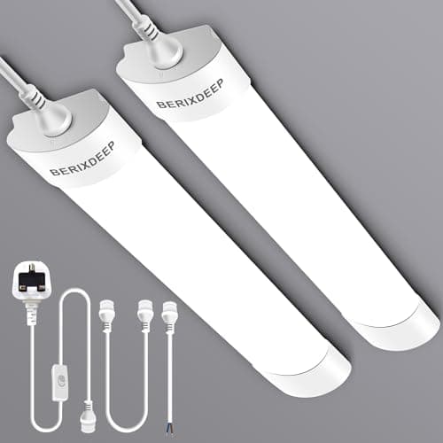 Image of LED Batten Lights 2 Pack, Waterproof Plug in Strip Lights with Switch, IP65 Fuorescent Ceiling Lighting for Garage, Ceiling, Shed, Wall, Workshop, Office, 6500K Daylight, 1.3FT, 40cm, 18W