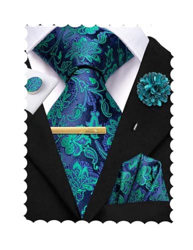 Image of Hi-Tie Blue Green Floral Men's Ties and Pocket Square Cufflinks Lapel Pin Clip Pin Set Silk Necktie for Wedding Business