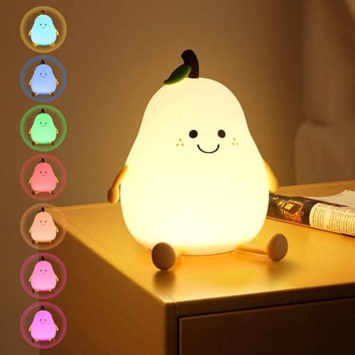 Image of URAQT Cute Smile Pear Night Light, Soft Silicone Kids Nursery Nightlight LED Touch Light, USB Rechargeable Baby Sleep Dimmable Bedside Lights, Mini Table Lamp for Children Toddlers Women Teen Girls