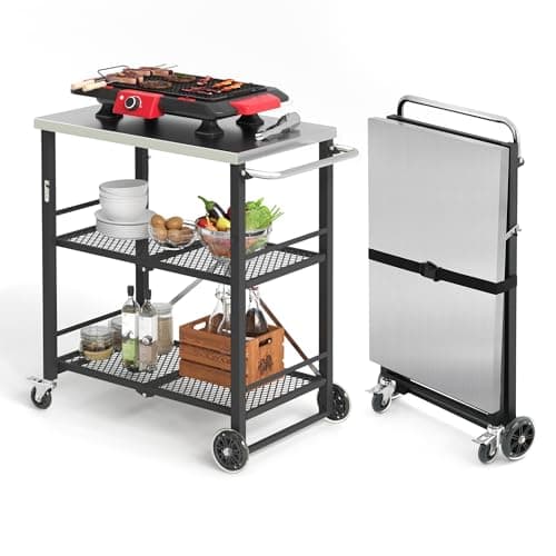 Image of LUE BONA Foldable BBQ Trolley, Outdoor Grill Cart with Wheels, 2-Tier Metal Pizza Oven Stand for Garden, 59kg Heavy Duty Barbecue Preparation Table, Movable Food Trolley, Black