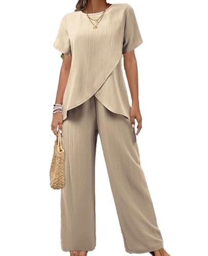 Image of MINTLIMIT Women's 2 Piece Lounge Set Short Sleeve Irregular Top Wide Leg Pants Summer Outfits Casual Matching Tracksuits