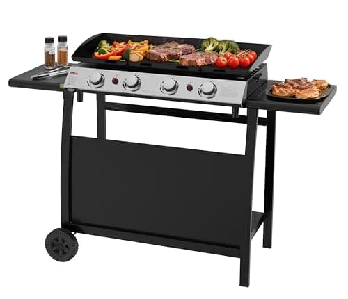 Image of 4 Burner Gas BBQ Plancha Grill 10kw Output Power with Detachable Trolley - Gas Bottle Regulator - Cover
