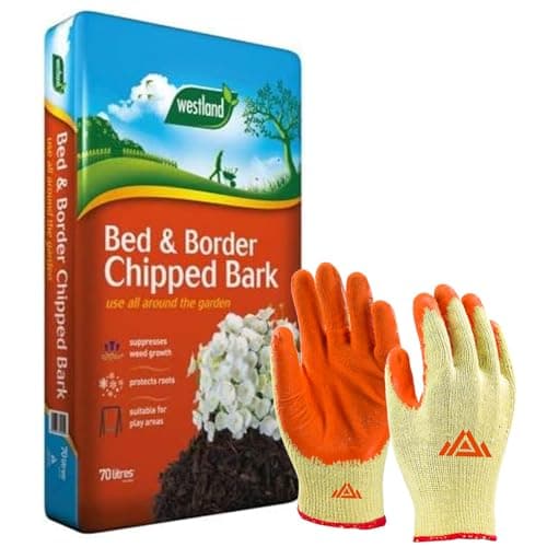 Image of Bed & Border Chipped Bark 70L – Decorative Bark Chips for Beds, Borders, Pots, Containers, Landscaping, Play Areas – Garden Mulch for Weed Suppression & Moisture Retention With Gloves Included