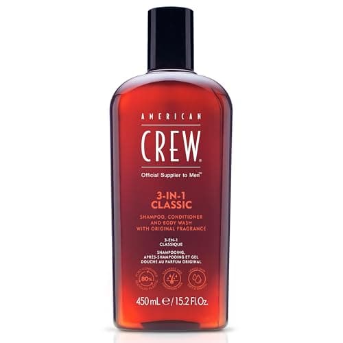 Image of REVLON PROFESSIONAL American Crew 3-In-1 Shampoo, Conditioner & Body Wash with Long Lasting Scent to Cleanse & Condition Hair Styling & Skincare for Men 450 ml (Pack of 1) transparent