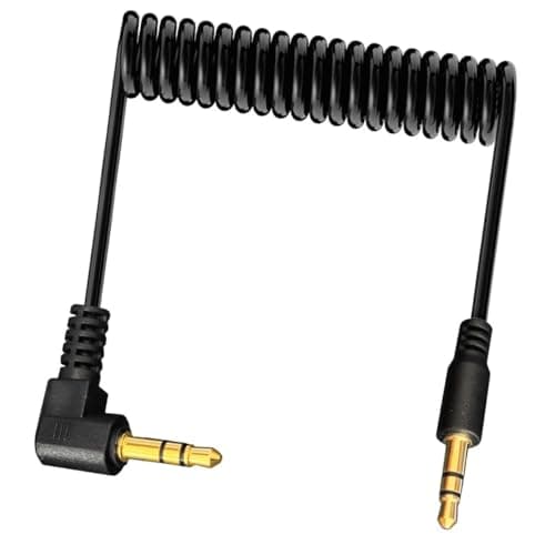 Image of Coiled 3.5mm Stereo Audio Cable, 3Pole 90 Degree Right Angle 1/8" TRS Male to Male Aux Extension Cord for Smartphone,Tablets,MP3,Headphones,DJ,Car,Home Stereo,Camera,Recorder (Male 90Deg To Male)