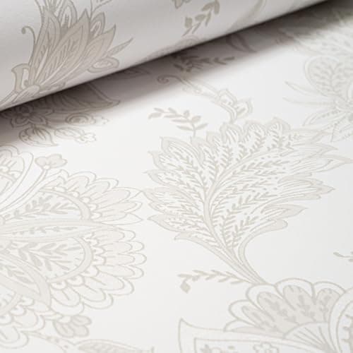 Image of SOPHIE LAURENCE Damask Wallpaper Floral Beige White Silver Shimmer Smooth Vinyl Feature Wall for Living Room