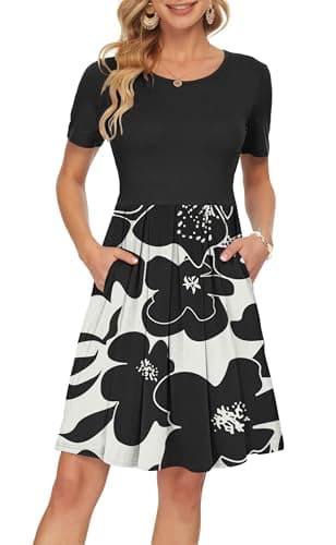 Image of AUSELILY Dresses for Women UK Summer Dress Short Sleeve Wrap Dress Casual with Pockets Knee Length Black Floral Black XXL