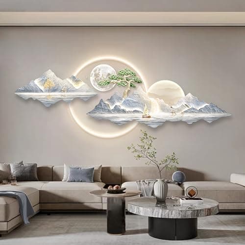 Image of DQSPDBD - 3D Wall Decor, Large Wall Sculpture Painting with LED Light, Creative Picture Hanging Landscape for Entryway, Hallway, Bedroom, Home Decor