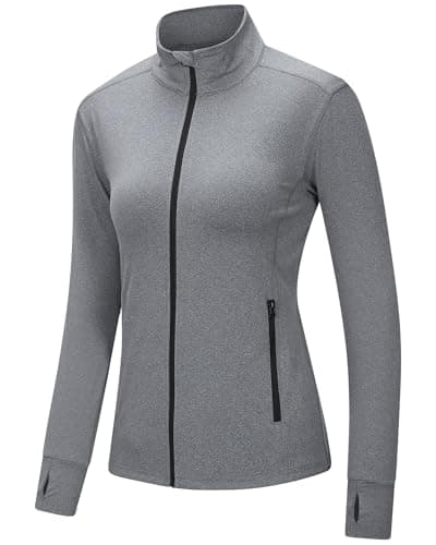 Image of Outdoor Ventures Womens Running Jacket Long Sleeve Sports Jacket Lightweight Breathable Quick Dry Sweatshirt for Fitness Training Cycling with Zip Side Pocket and Thumb Holes Light Grey Heather M
