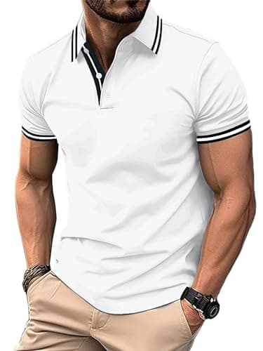 Image of geeksport Men's Polo Shirt Short Sleeve Golf Polo Outdoor Breathable Tops for Mens Sports T-Shirt Work Tee White Black XL