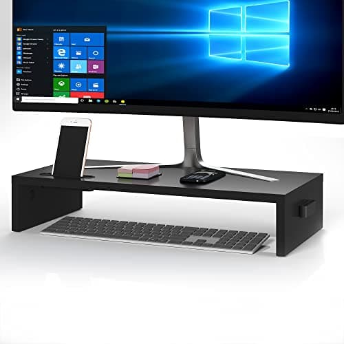 Image of BONTEC Monitor Stand for Desk, Wooden Desk Riser, 540 x 255 x 104 mm, Ergonomic Monitor Riser with Phone Holder, Cable Management, Keyboard Storage, Desktop Organiser, 30 kg Load, Black