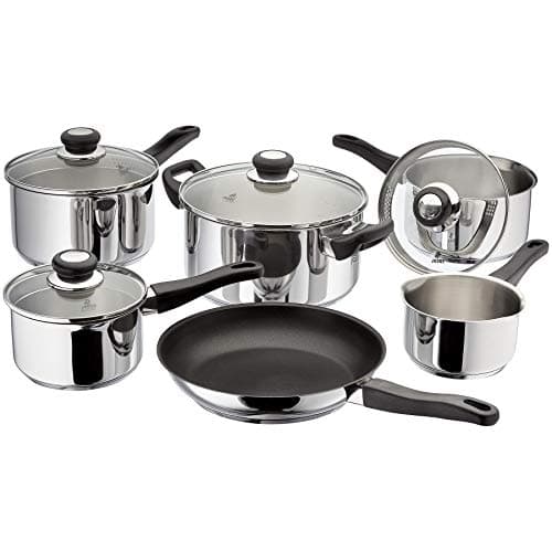 Image of Judge Vista 6-Piece Set of Stainless Steel Pans, 16cm, 18cm & 20cm Draining Saucepans with Lids, 14cm Milk Pan, 24cm Casserole, 26cm Non-Stick Frying Pan