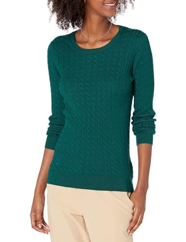 Image of Amazon Essentials Women's Lightweight Cable Knit Long-Sleeve Crewneck Jumper (Available in Plus Size), Dark Green, M