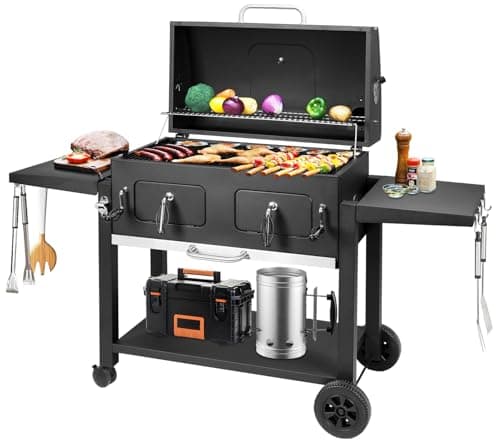 Image of Large Charcoal BBQ Barbecue Grill with Side Tables, Barbeque Grill, Dual Height Adjustable Charcoal Trays & Temperature Gauge Barbecues Smoker Birthday Gifts for Men Dad Gifts