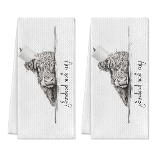 Image of Zorvix 2 Pcs Highland Cow Hand Towels, Are You Pooping Bath Towel Absorbent, Farmhouse Cattle Bath Sheets, Funny Bathroom Accessories, Highland Cow Gifts for Women, 15.75 x 23.62 In