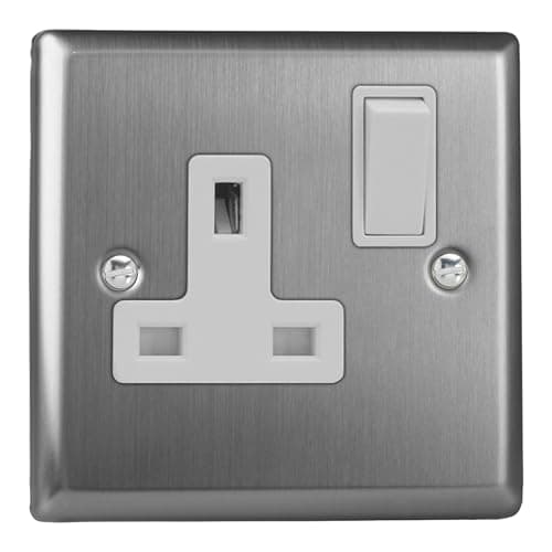 Image of Varilight Single Switched Plug Socket - Classic Brushed Steel With White Insert, XT4W