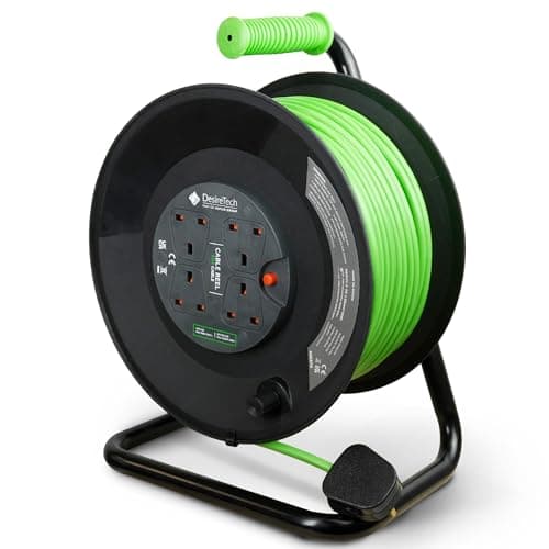Image of Desiretech 4 Socket Extension Lead 50m, Heavy Duty 4-Way Cable Reel, 13A Thermal Cut-Out, LED Indicator, Extra Long 30–50m Extension Reel, Black & Green, CE & UKCA Certified (50 Metre)