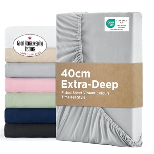 Image of Bedsure Double Fitted Sheet Deep - Bed Sheets Extra Deep Pocket 16 inch (40 cm) made of Soft Brushed Microfiber for Double Bed, Grey, 135x190cm