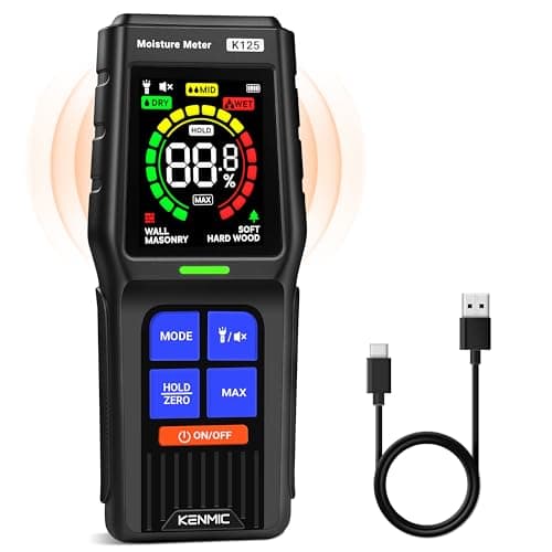 Image of KENMIC Pinless Moisture Meter, Non-Destructive Damp Meter for Wood, Floor, Walls and Masonry, Moisture Detector with LCD Display and Acoustic Alarm, 4 Modes, Detects up to 19mm Depth