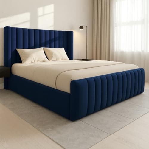 Image of Bespoke Chesterfield Madrid Winged Bed Frame - UK made - Single/Double/King/Super King Size Plush Velvet Fabric Upholstered (Navy Blue Plush, Small double 4ft)