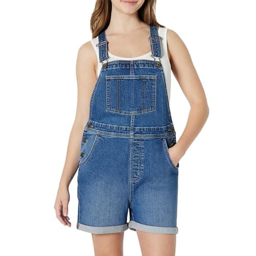 Image of Amazon Essentials Women's Medium Stretch Relaxed-Fit Denim Short Dungarees with Adjustable Straps, Medium Blue Vintage, M