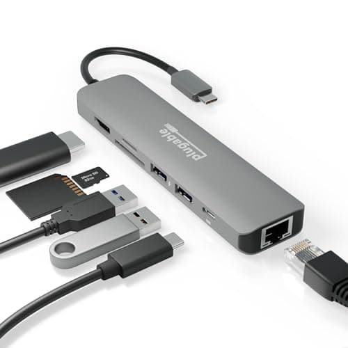 Image of Plugable 7-in-1 USB C Hub Multiport Adapter with Ethernet Driverless Compatibility with Mac, Windows, iPhone 15, Chromebook, USB4, Thunderbolt, 100W Charging, Ethernet, 4K60Hz HDMI, 2X USB, SD/microSD