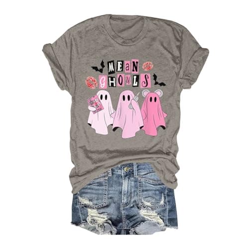 Image of Halloween Costume Unisex Casual Short Sleeve T-Shirt Halloween Print for Women Fun, Comfortable and Stylish, Light grey, S