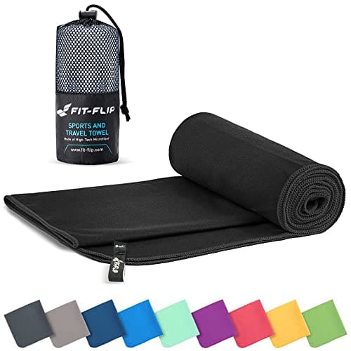 Image of Fit-Flip Microfibre towel - compact, ultra lightweight & quick dry - perfect for gym, travel & beach - swimming towels for sports, camping & hiking (30x50cm black + bag)