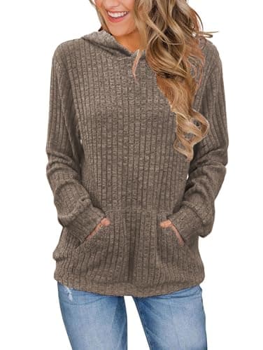 Image of iChunhua Leisure Wear Hoodie Women Autumn Winter Sweatshirt With Hood Lightweight Ribbed Knit Hoodie Top Coffee M