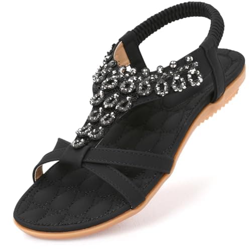 Image of Amissz Women Sandals Flat Shoes Comfort Walking with Non Slip on Casual Summer Beach Sandals Dress Ankle Elastic Open Toe Rhinestone Bohemian Black-1 Size 7.5