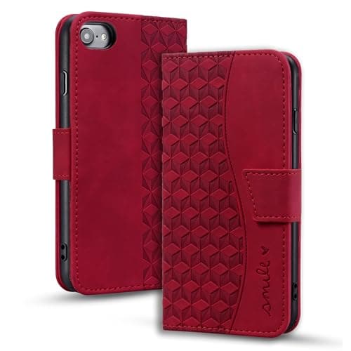 Image of LOLFZ for iPhone 6/6S/7/8/SE 2020/SE 2022 Case, Flip Folio Wallet Case with Card Holder Kickstand Magnetic Closure PU Leather Protective Phone Cover - Red