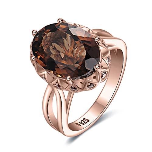 Image of JewelryPalace Huge Oval 5.7ct Genuine Smoky Quartz Cocktail Rings for Her, 14K Rose Gold Plated 925 Sterling Silver Ring for Women, Natural Gemstone Jewellery Sets Rings 7
