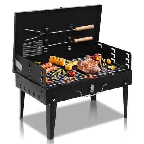 Image of Outopee Portable Charcoal BBQ Grill, Foldable Barbecue Grill with Tool Hooks, Stainless Steel Charcoal Barbecues for Outdoor Camping, Picnic, Garden Party, Travel, 44×27×22 cm