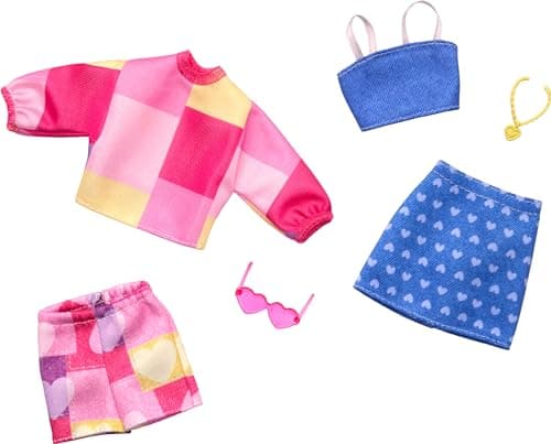 Image of Barbie Fashions Clothing Set with 2 Outfits for Fashion Doll Including Pink & Blue Inspired Skirt, Shorts, 2 Tops & 2 Accessories