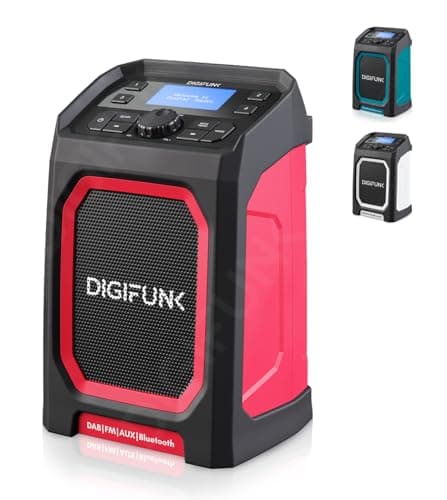 Image of DigiFunk Work Site Radio | USB Rechargeable | DAB+, DAB, FM, Bluetooth, AUX Input | IP65 Waterproof Rugged Durable Design | Perfect for Builders, Outdoors, Warehouse, Garage, DIYer, Shed | Red