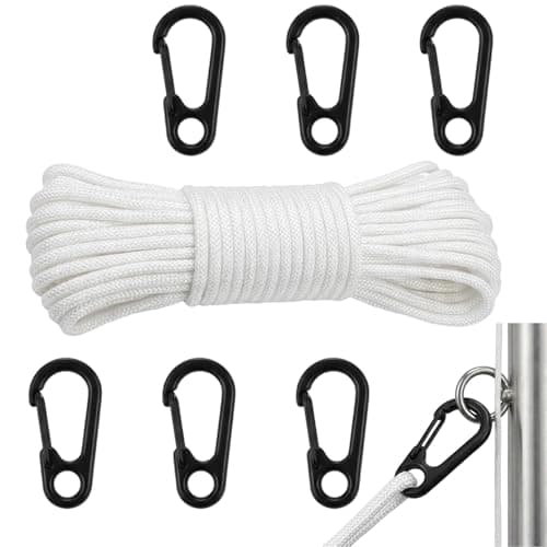 Image of Flag Pole Rope, Professional Halyard Kit with 6 Clips, 20m 6mm Nylon Cord for Outdoor Installation, Marine Applications and Garden Projects, Durable White Rope Solution